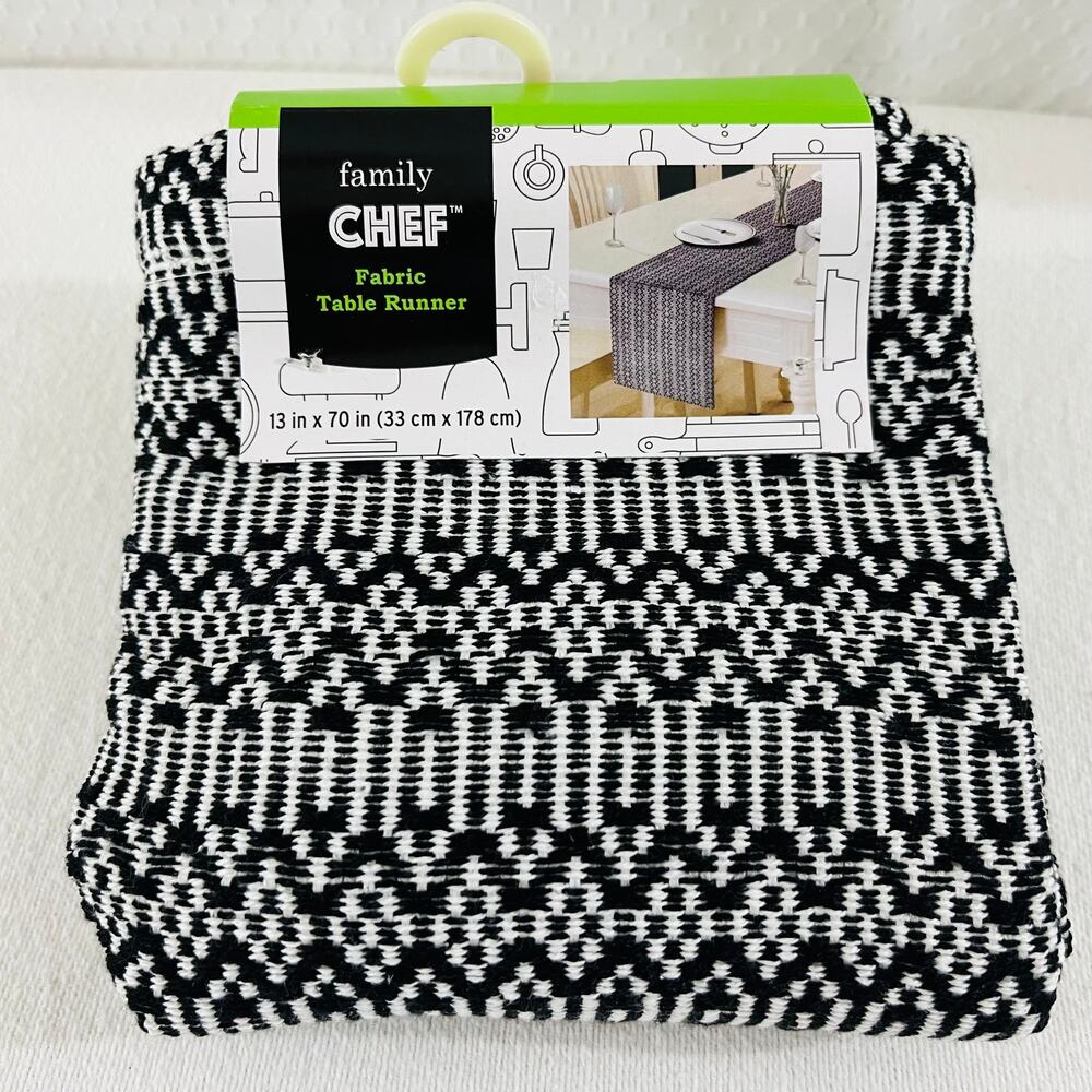 Family Chef Fabric Table Runner Gray/White Geometric Pattern (70"x13")